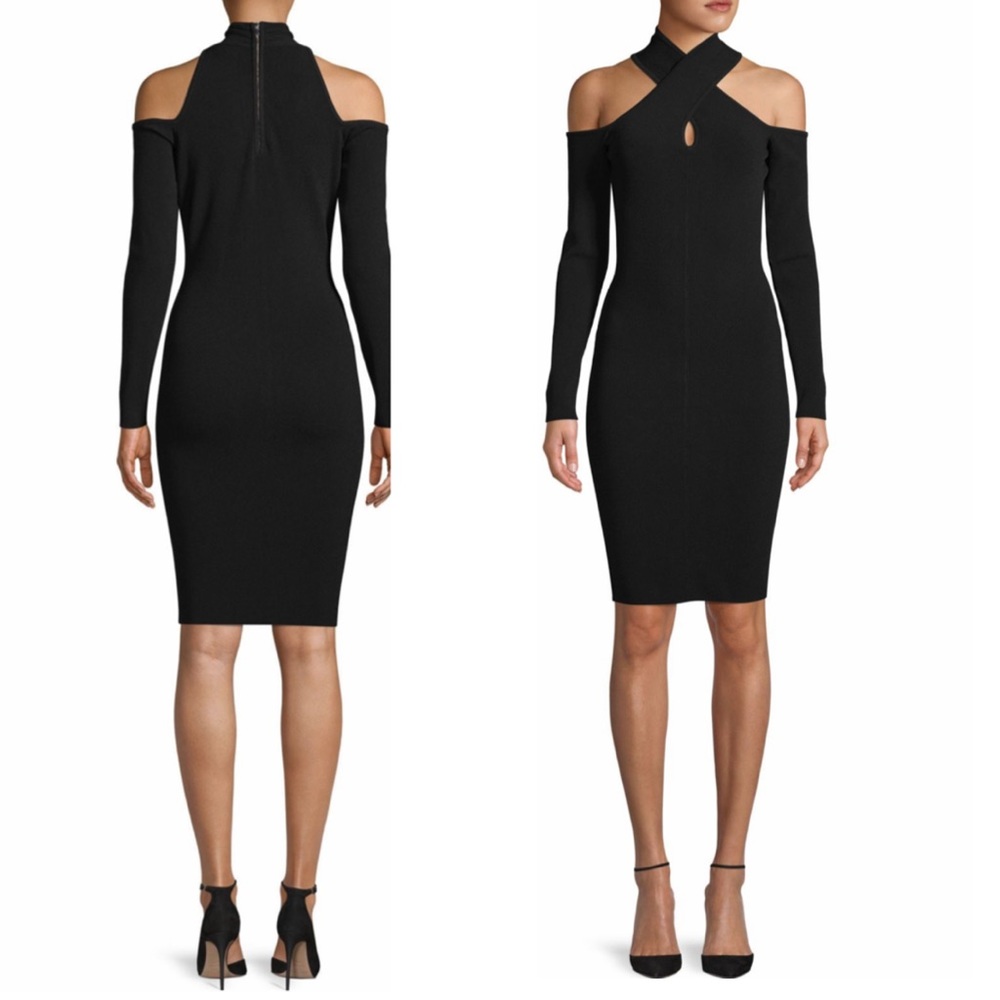 MILLY Twist Neck Fitted Black Knit Dress